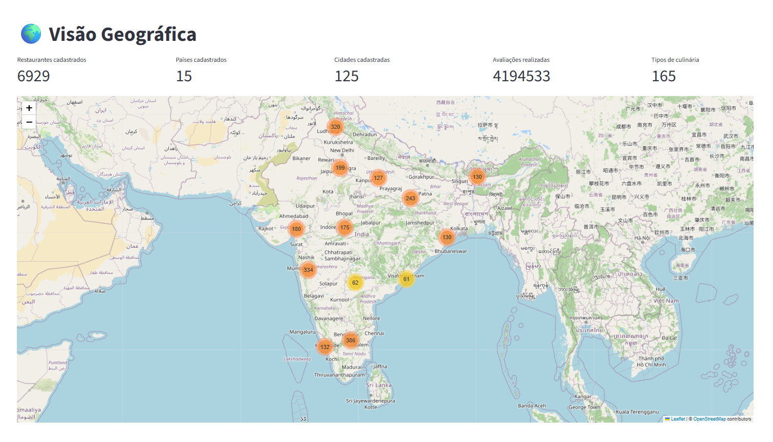 Mapa geográfico de restaurantes cadastrados no Zomato